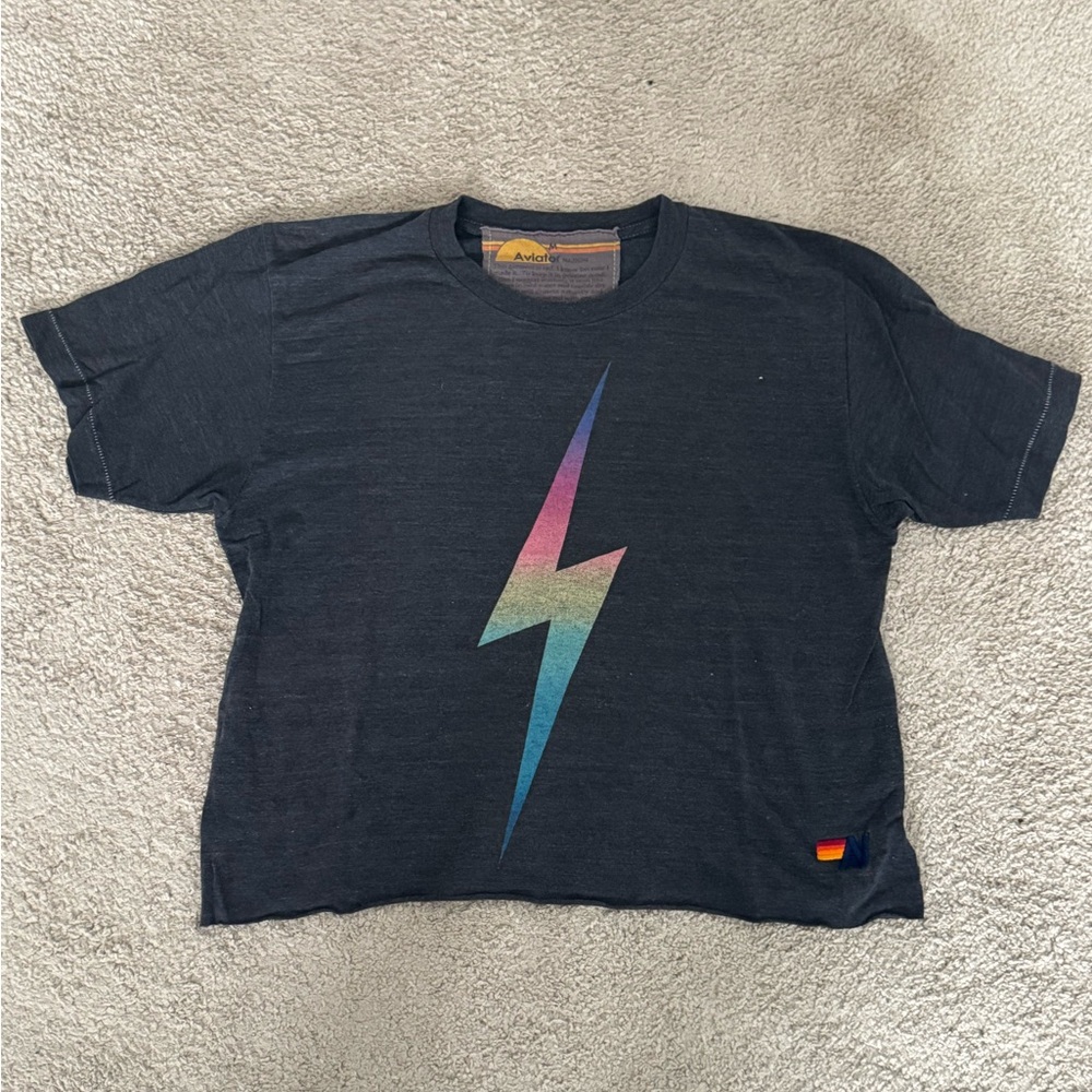 Aviator Nation Black Tee with Rainbow Lightning Bolt
